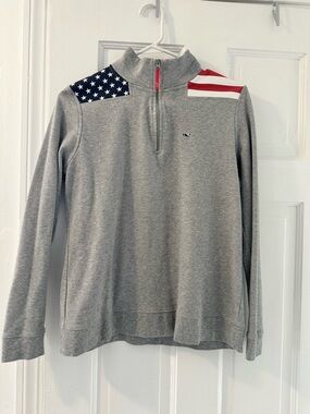 Vineyard Vines womens Gray Quarter-Zip Sweater with American Flag Detail